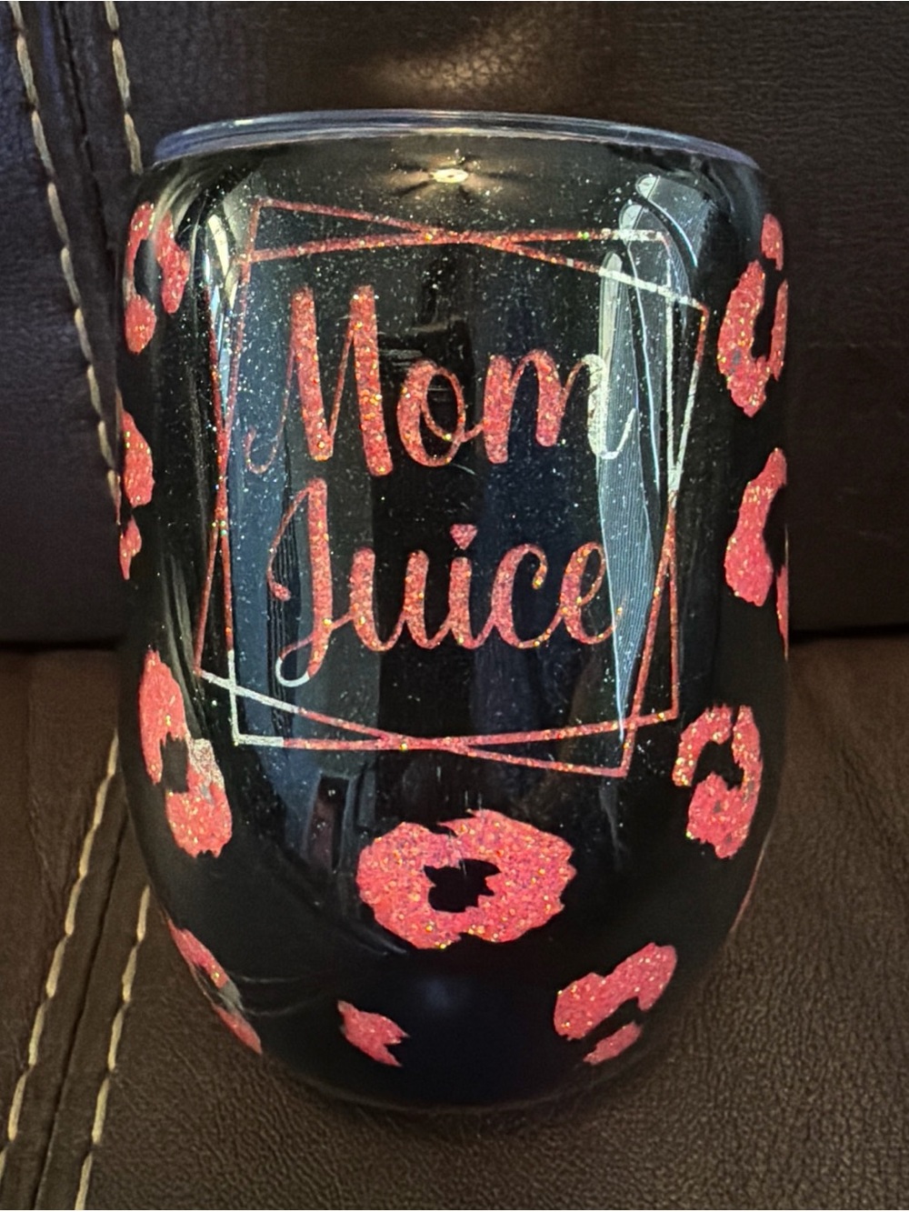 Custom Mom Juice Glitter Leopard Stainless Wine Tumbler - Black and Pink